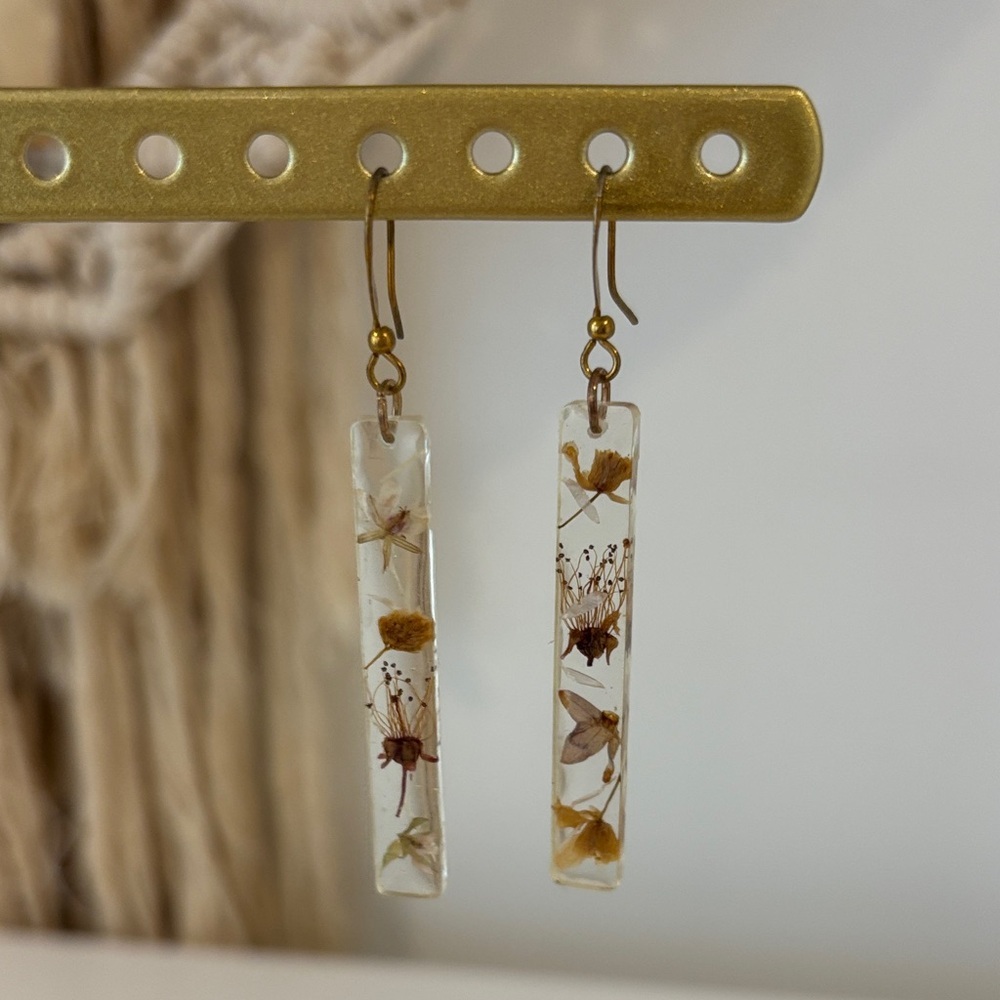 Handmade resin bar drop earrings with real pressed dried flowers gold tone hooks